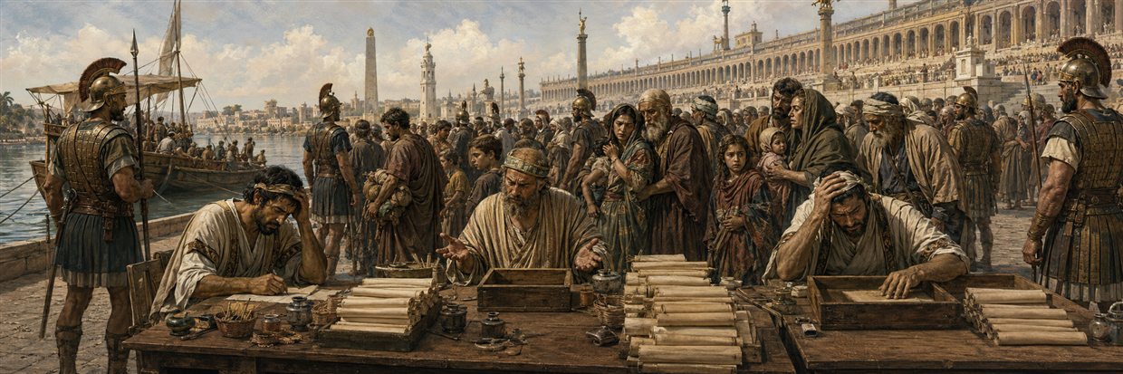 Displaced Jewish families enter Alexandria's hippodrome while exhausted scribes find their papyrus supplies empty